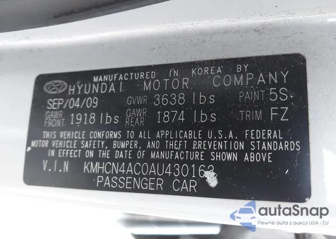 2010 Hyundai Accent Gls z USA, uszkodzony, nr VIN KMHCN4AC0AU430163